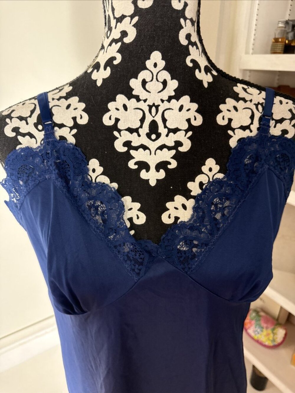 Vtg Merville Navy Blue Size 44 Nylon Full Slip Gown Nightgown USA Lace Trim